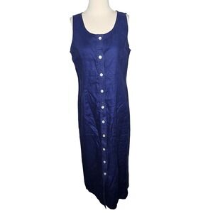 VTG Spenser Jeremy Navy Blue 100% Linen Button Front Sleeveless Maxi Dress M 12